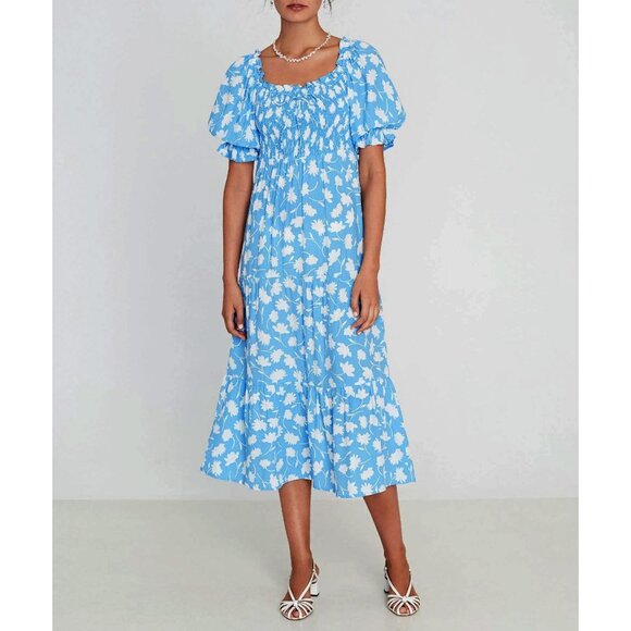 New Faithfull Olinda Shirred Floral Crepe Nap Dress Blue Large $225 - Picture 1 of 9